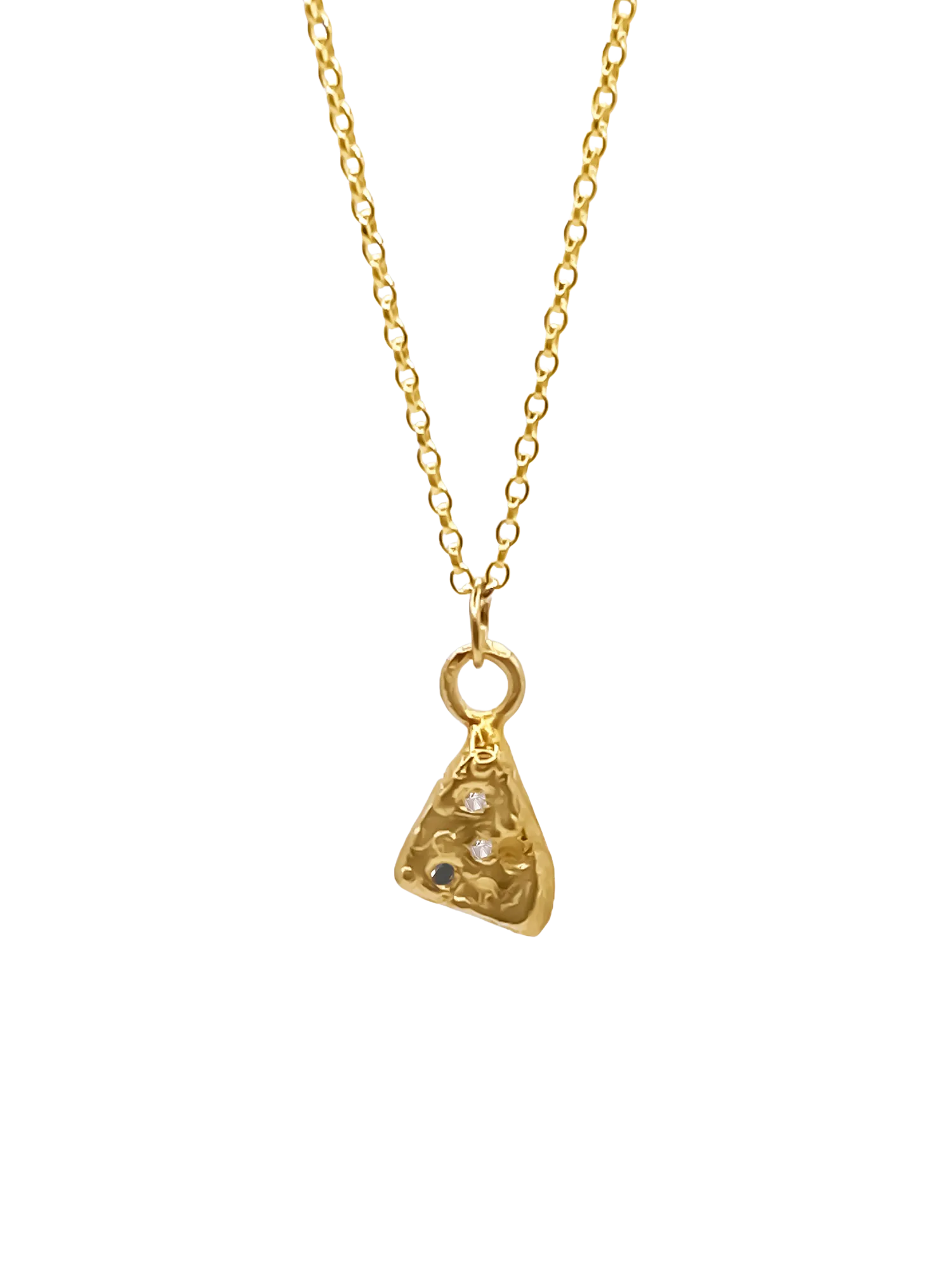 Side view of gold triangular pendant with textured finish and stones.