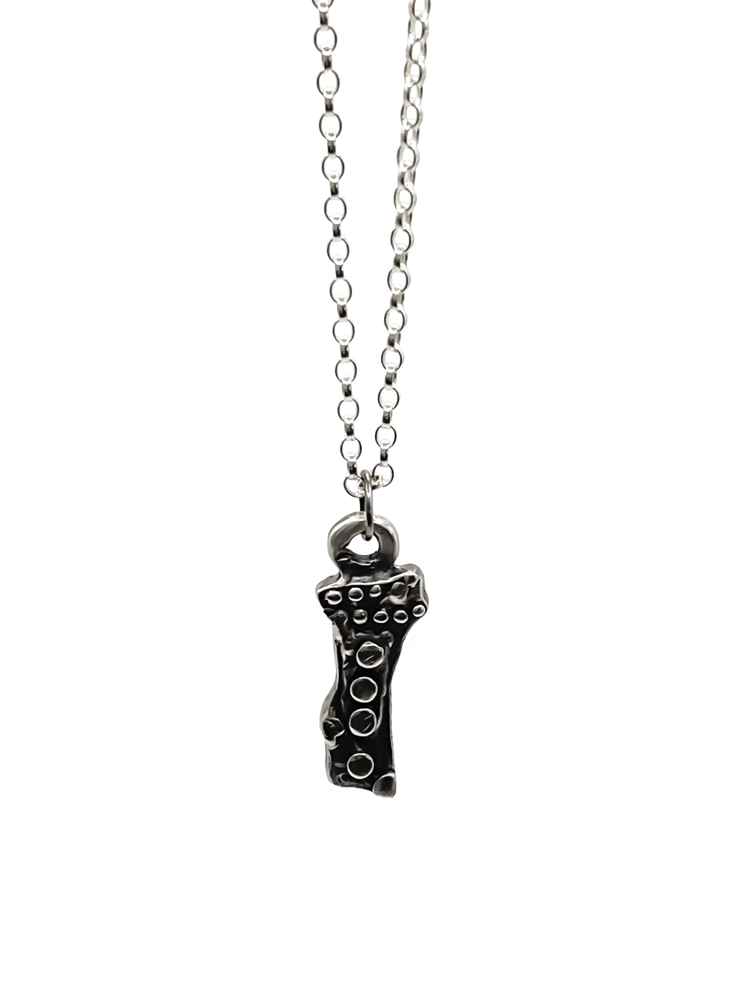 Twig Pendant in recycled silver on chain, displayed on white background