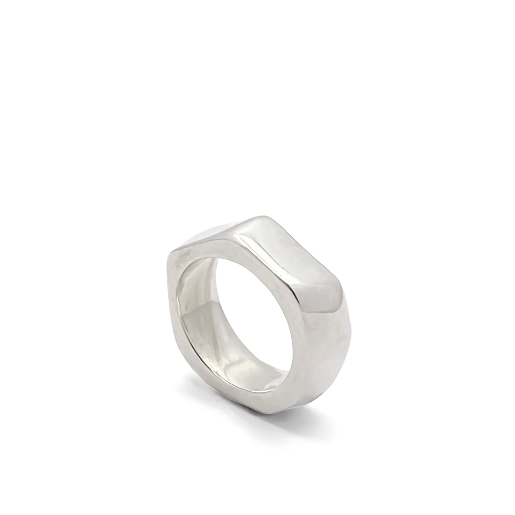 Angled side view of the Wonky Nut Ring in sterling silver