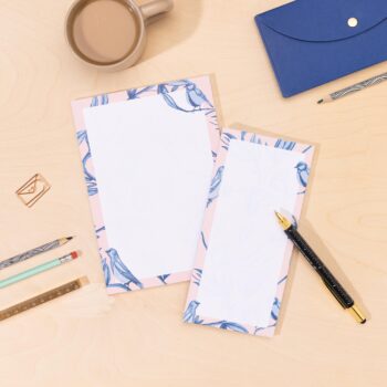 Two notepads - A5 and List pad - with the pink and blue birds Brighton Birds pattern from Holchester Designs