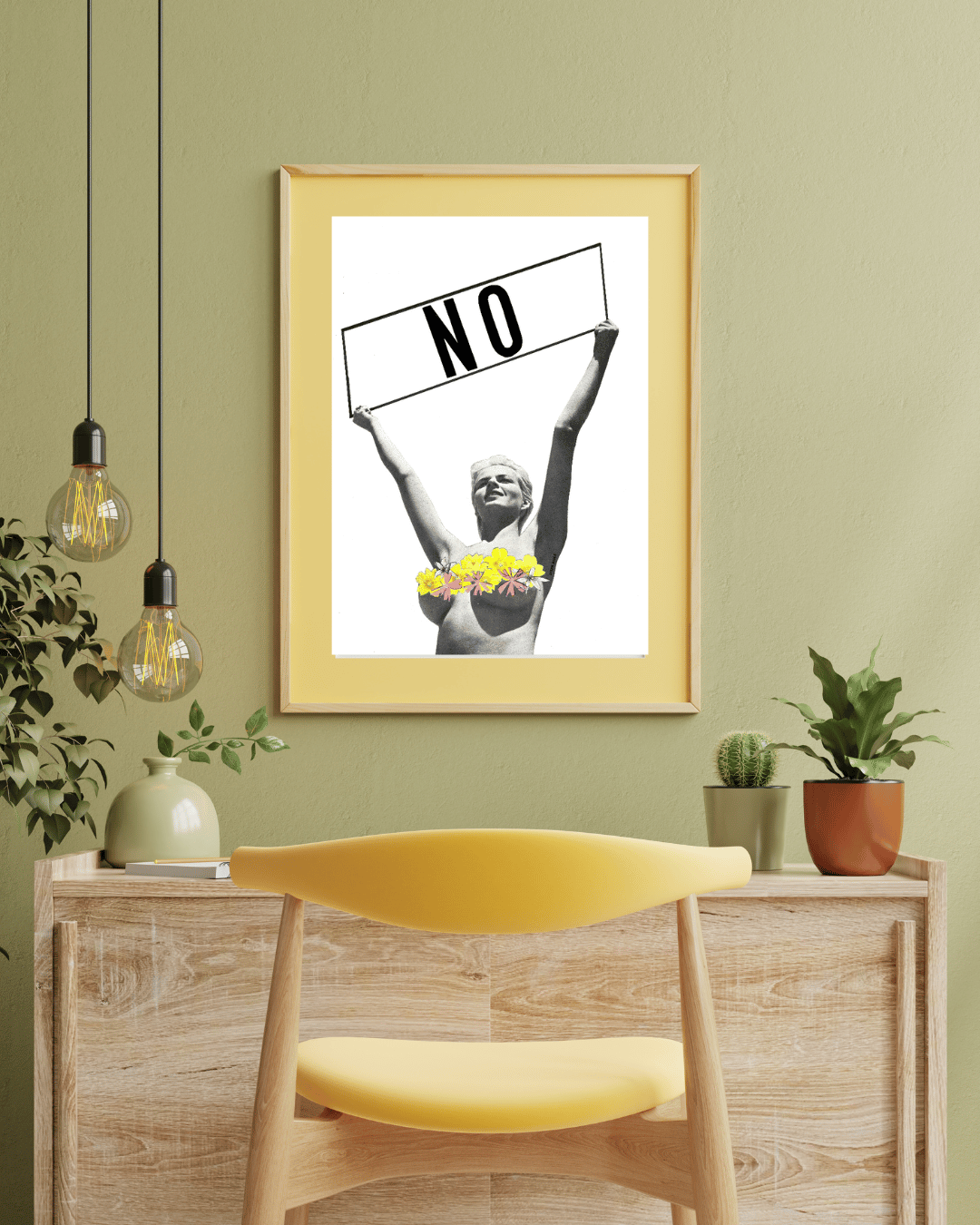 “No” collage art print by Steph Assez, featuring a hand-cut analogue collage with layered vintage imagery and surreal elements, printed on eco-friendly recycled paper.