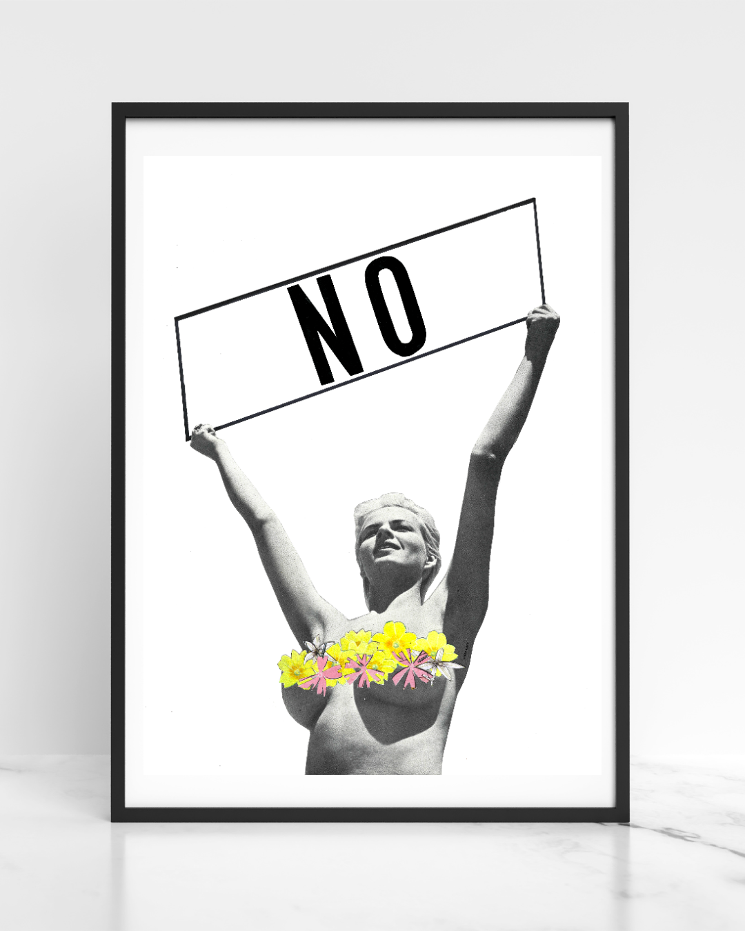 “No” collage art print by Steph Assez, featuring a hand-cut analogue collage with layered vintage imagery and surreal elements, printed on eco-friendly recycled paper.