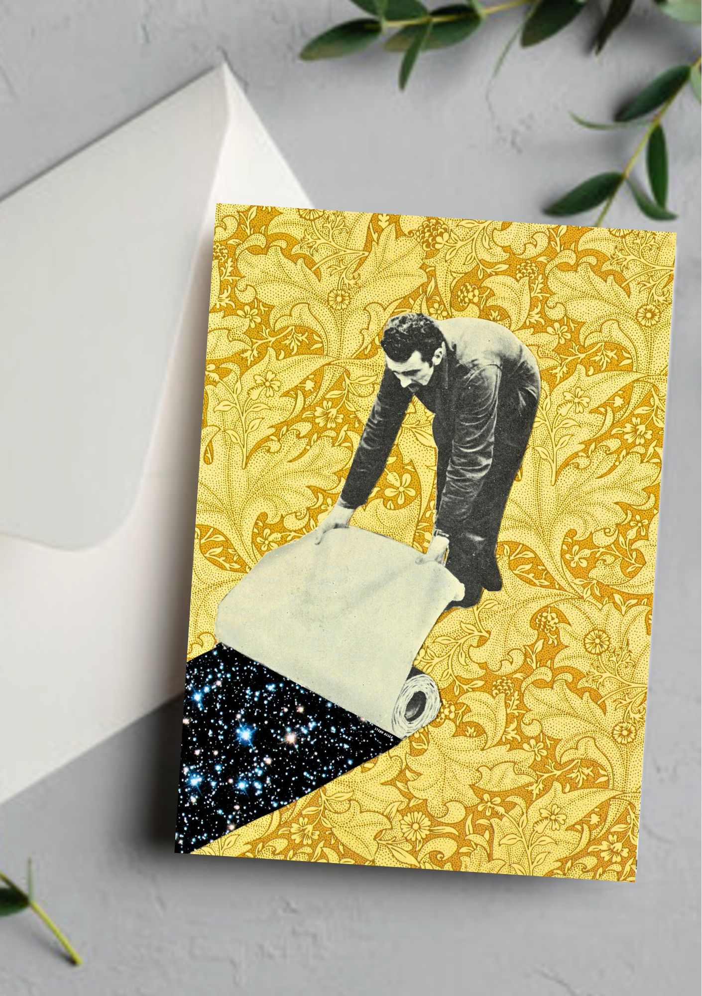 A colourful, surreal collage greeting card by Assez Collage featuring a William Morris background and reproduced from an original artwork made from vintage and recycled materials.