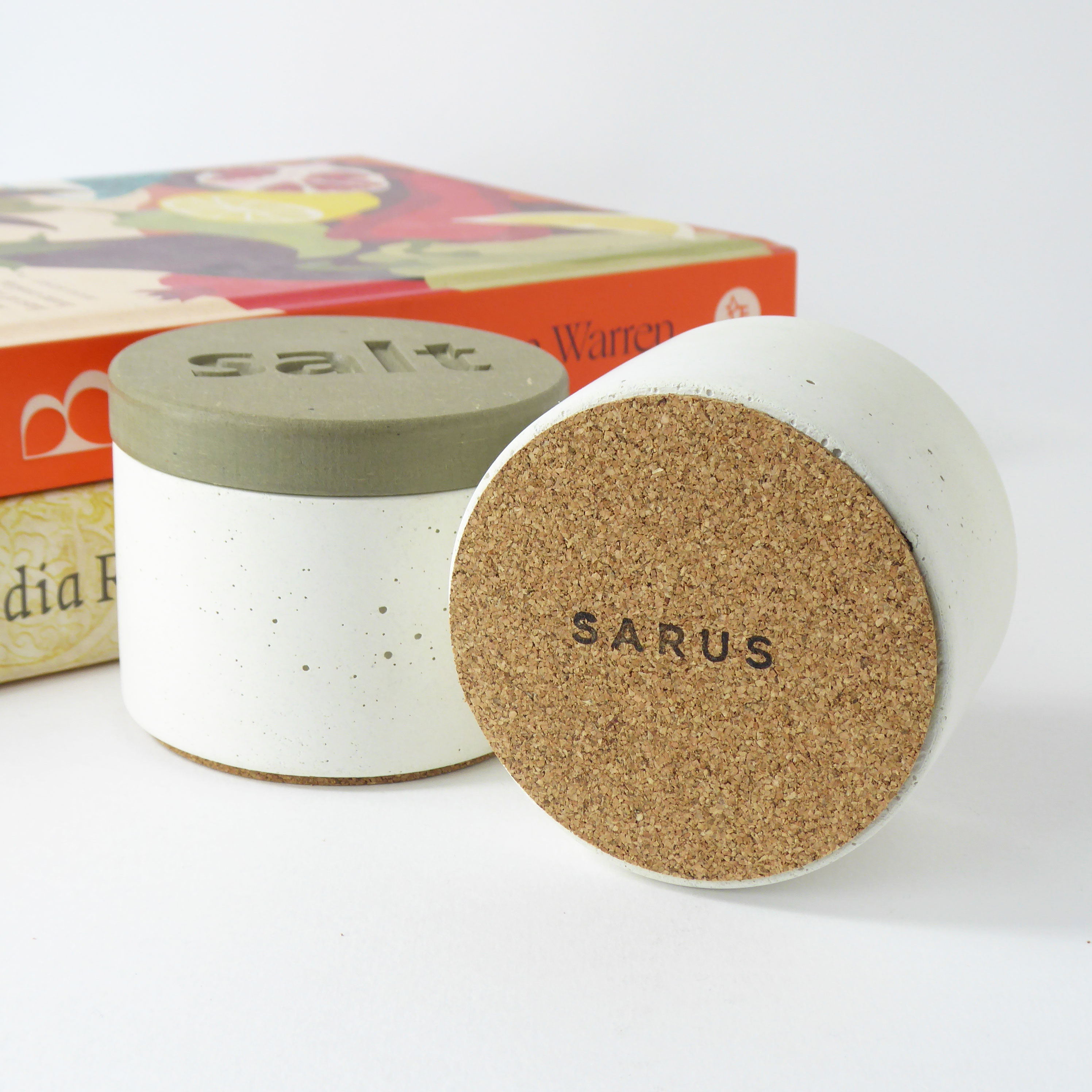 White concrete salt pot with engraved wooden lid