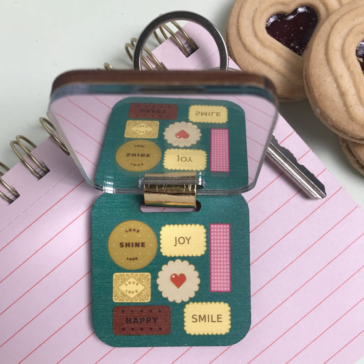 Biscuit Tin Wooden Keychain and Pocket Mirror