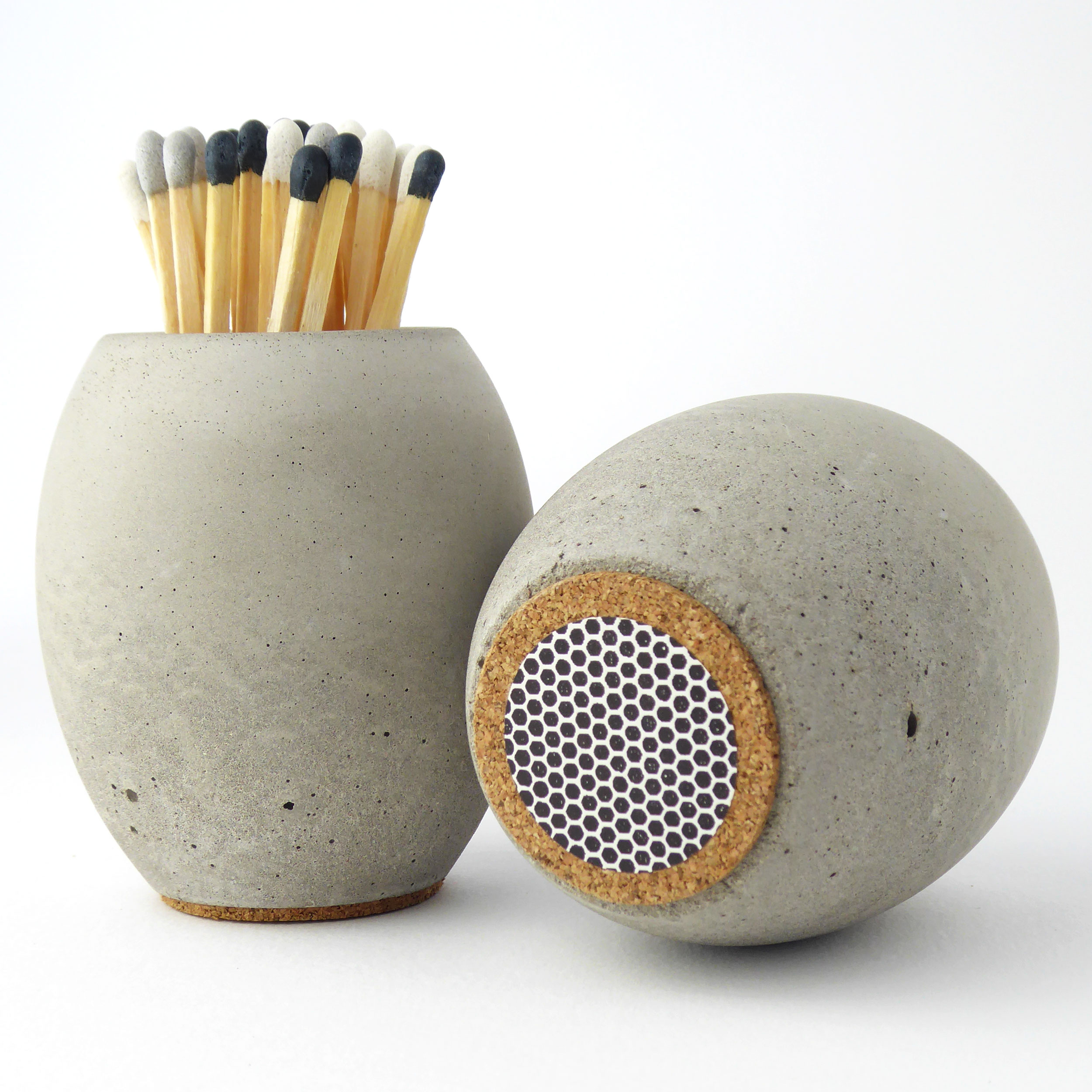 Round concrete match pot with long matches