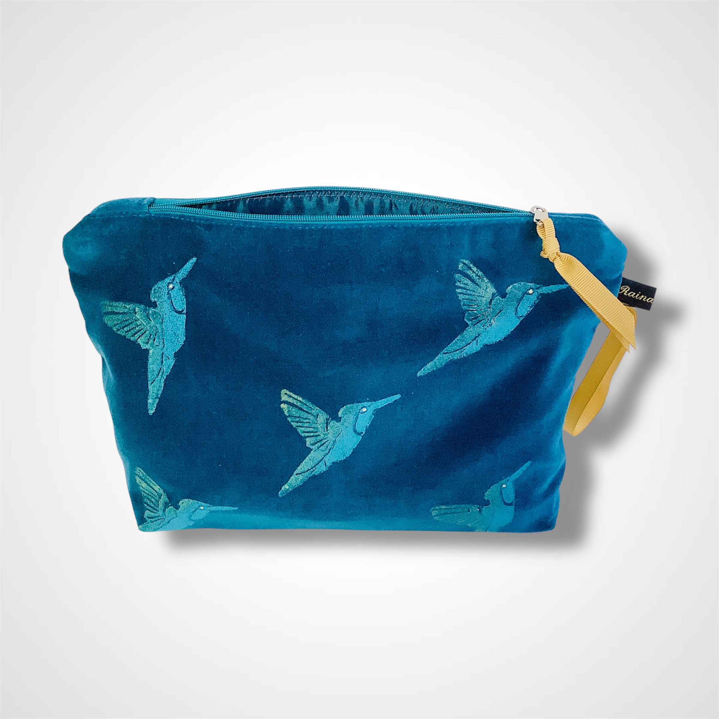Teal Velvet Hummingbirds Makeup Bag