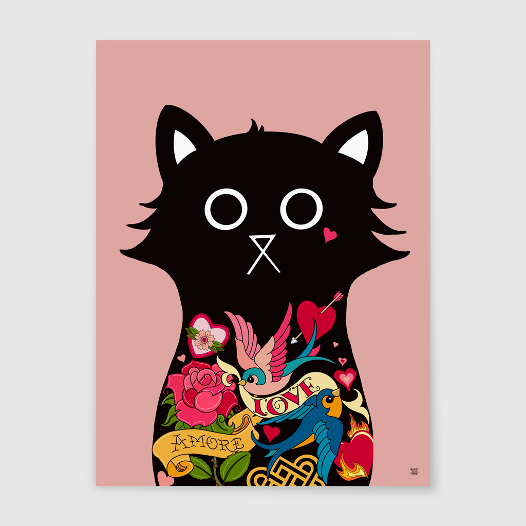 Valentino Cat | A4 Wall Art Print | Tattoo Flash Art
