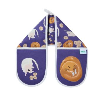 Purple double oven gloves with dormice illustrations