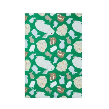 Green tea towel with rabbits illustrations