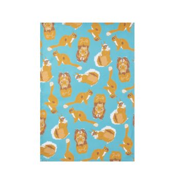 Red Squirrel design teal cotton tea towel flat lay