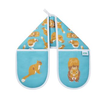 Red Squirrel design teal oven gloves