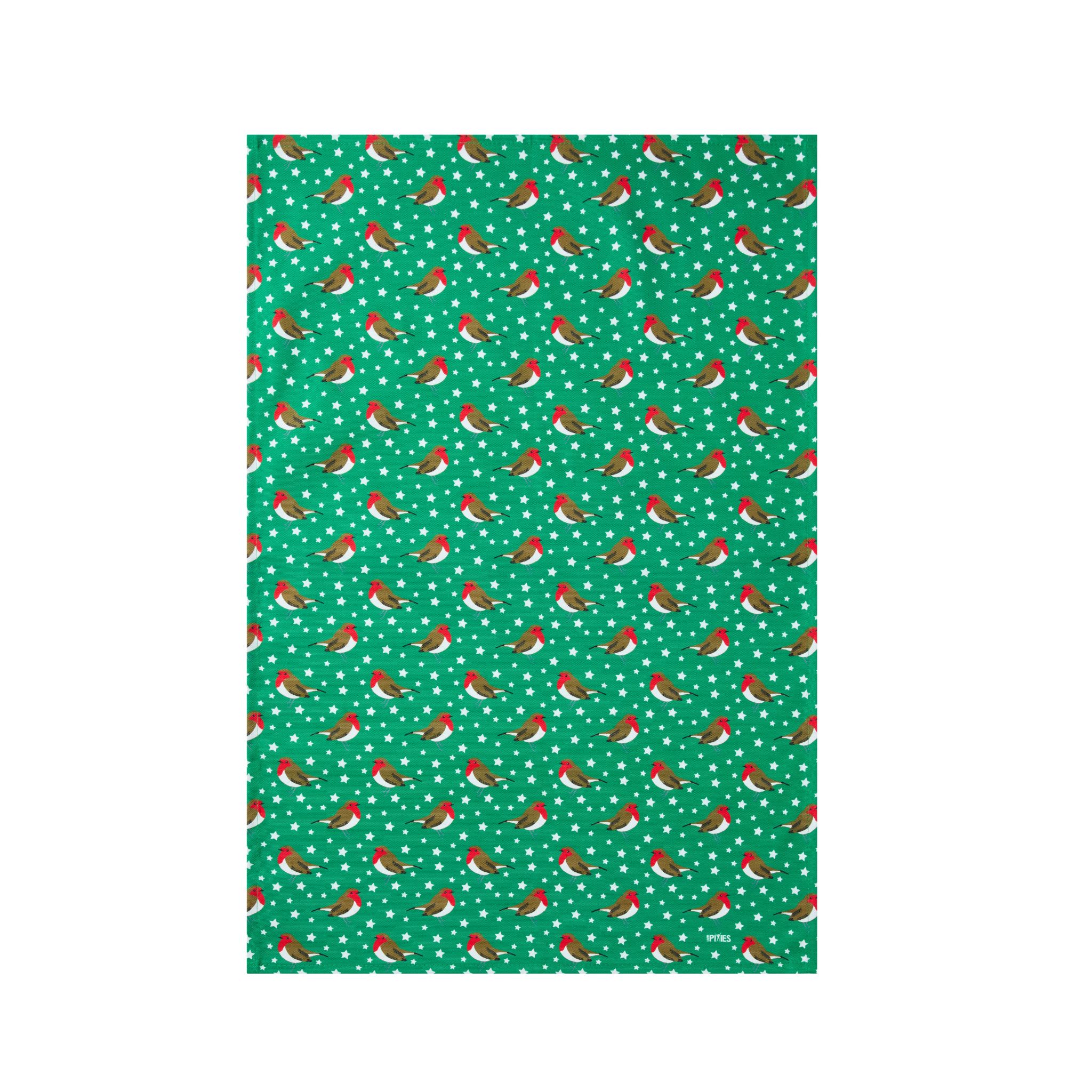 Festive Green Robins Tea Towel in organic cotton