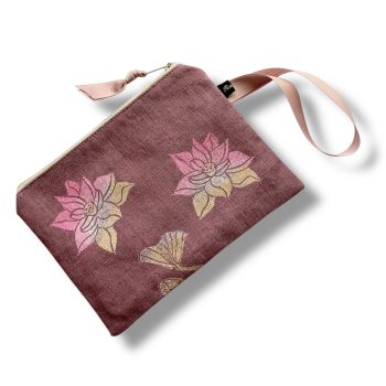 Dusty Pink Linen Lotus Flower Zip-Up Pouch