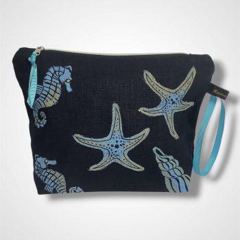 Navy Blue Sea Shells Linen Makeup Bag