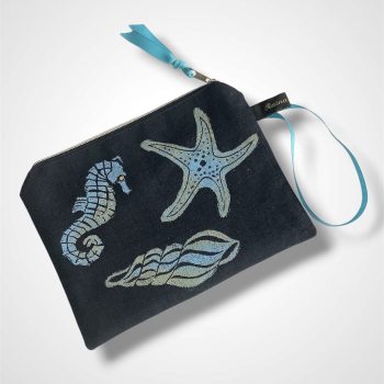 Navy Blue Linen Sea Shells Zip-Up Pouch