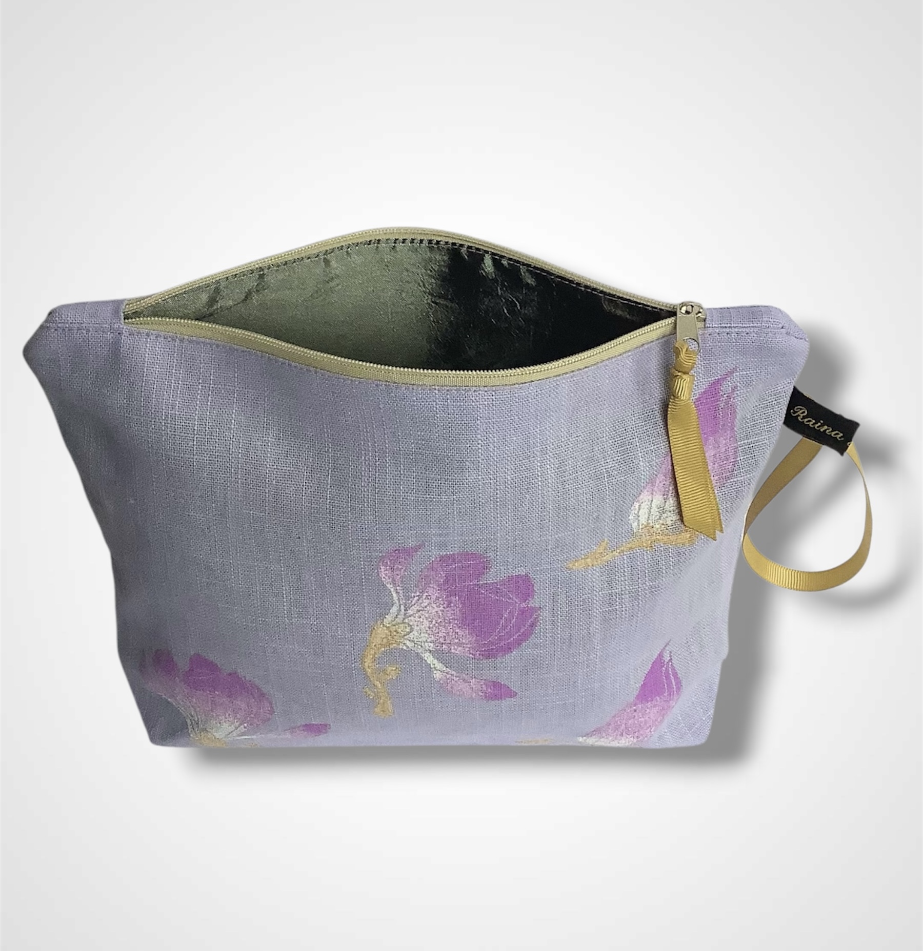 Lilac Magnolias Linen Makeup Bag