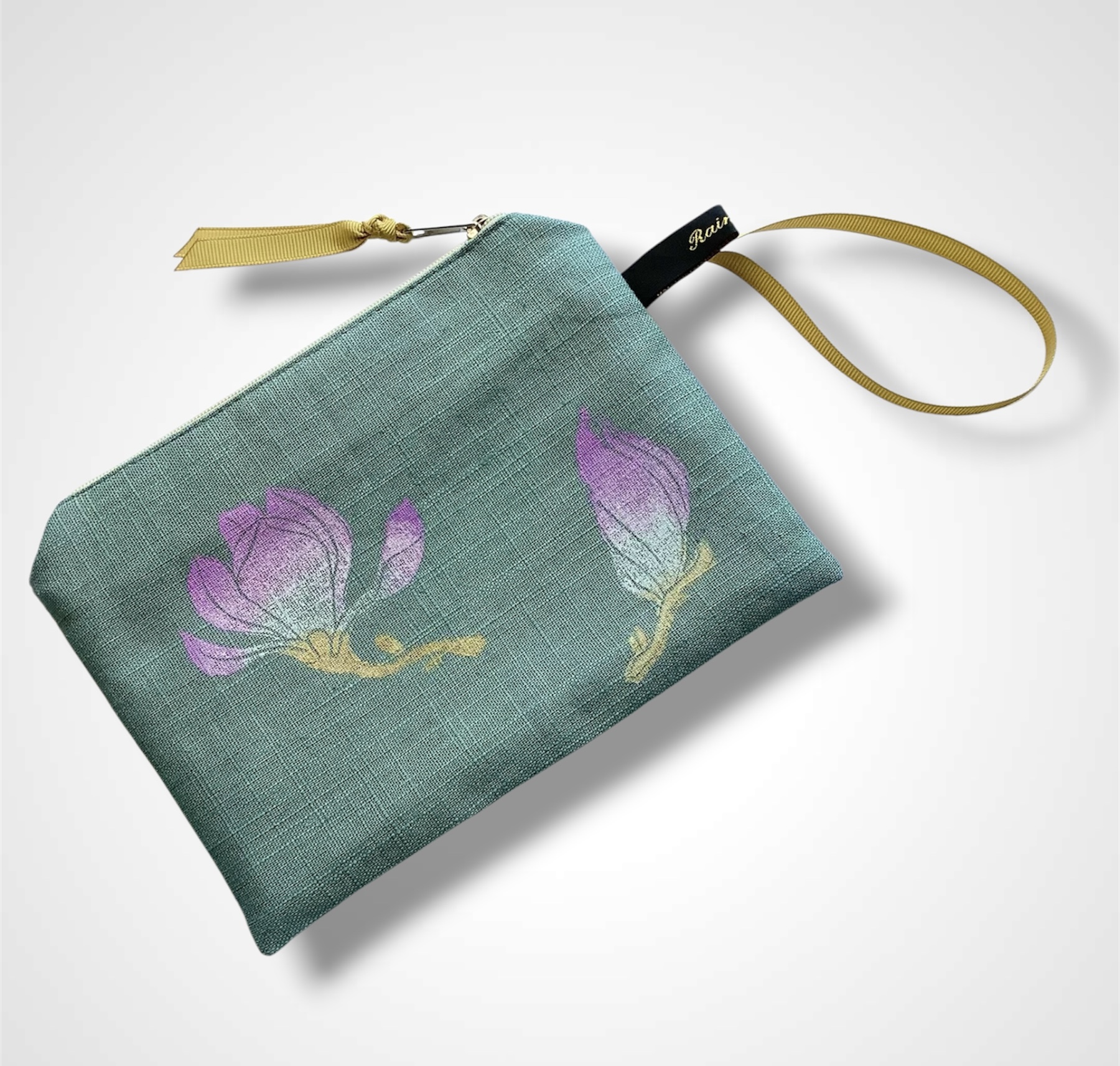 Sage Green Linen Magnolias Zip-Up Pouch