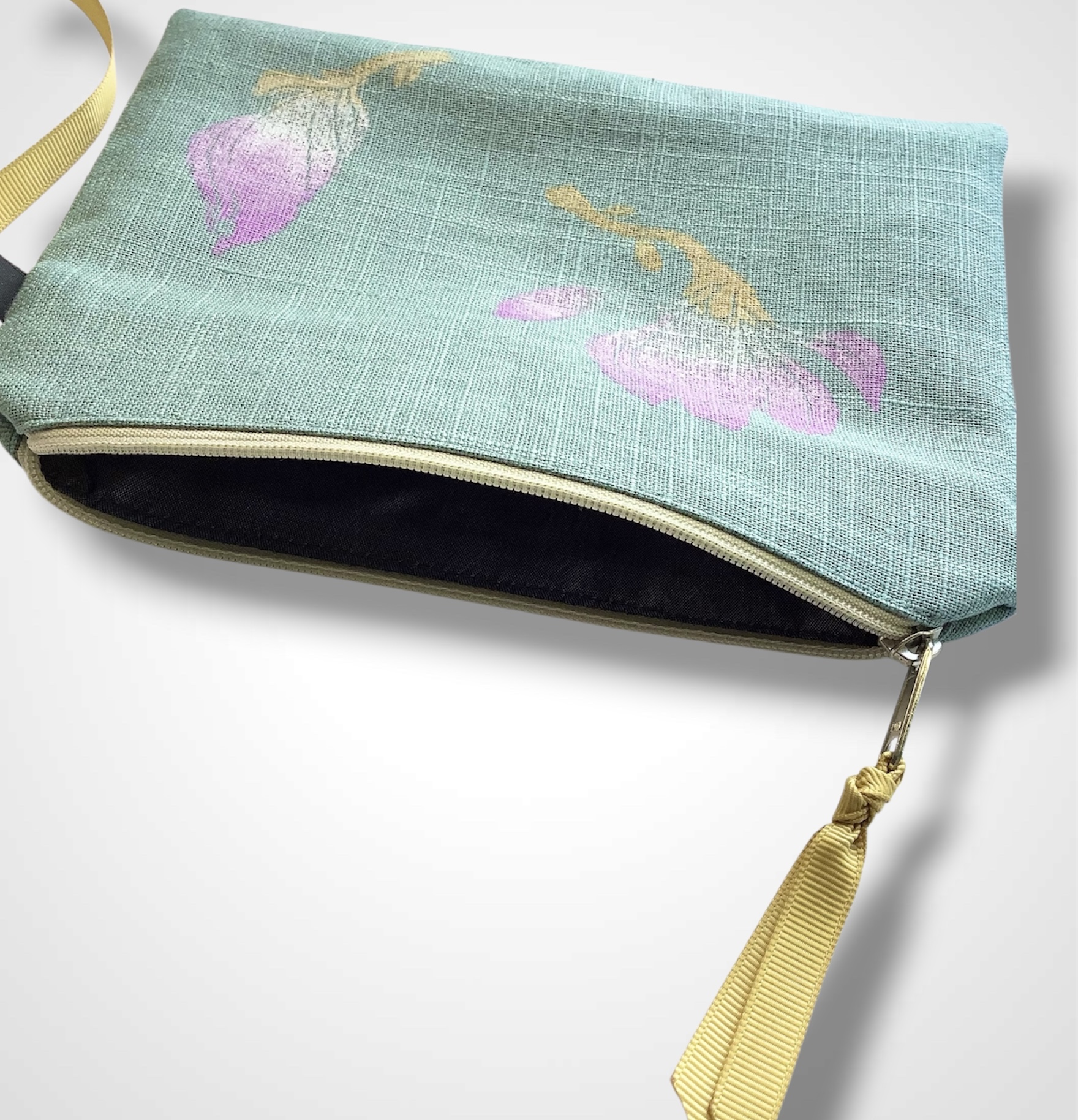 Sage Green Linen Magnolias Zip-Up Pouch
