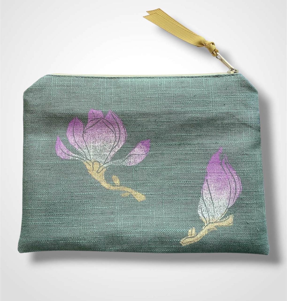 Sage Green Linen Magnolias Zip-Up Pouch
