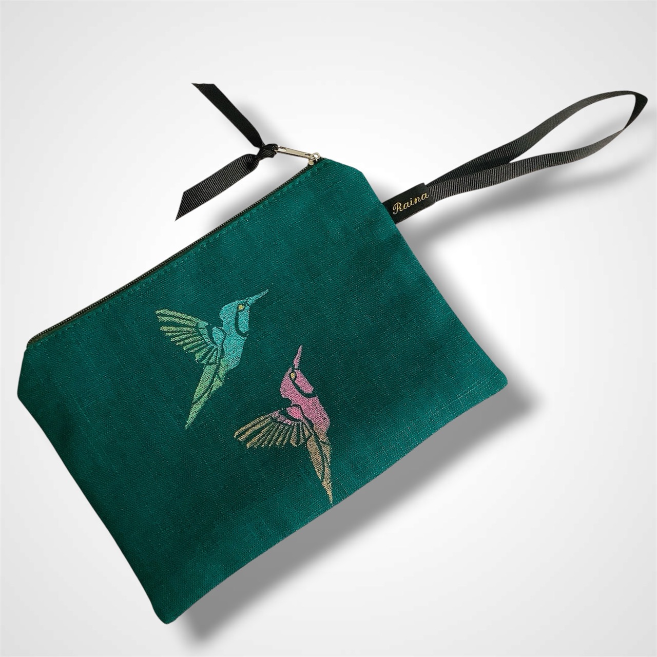 Green Hummingbirds Linen Zip-Up Pouch