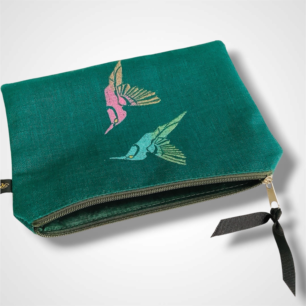 Green Hummingbirds Linen Zip-Up Pouch