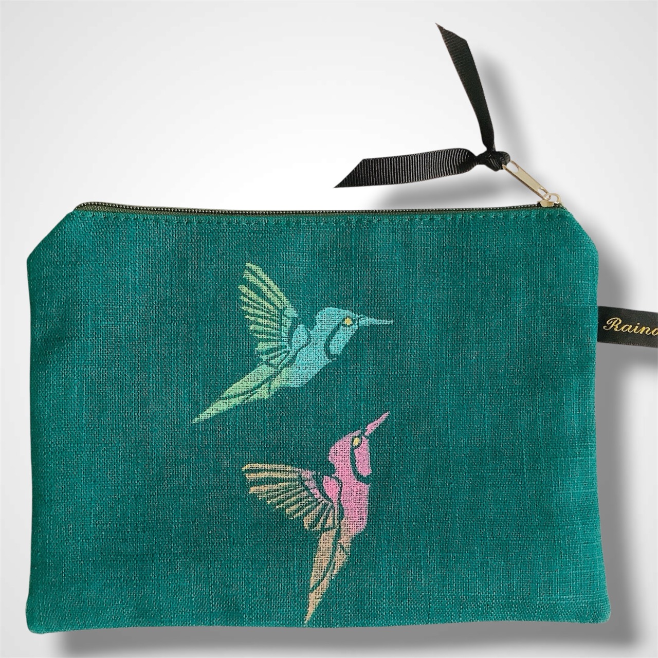 Green Hummingbirds Linen Zip-Up Pouch