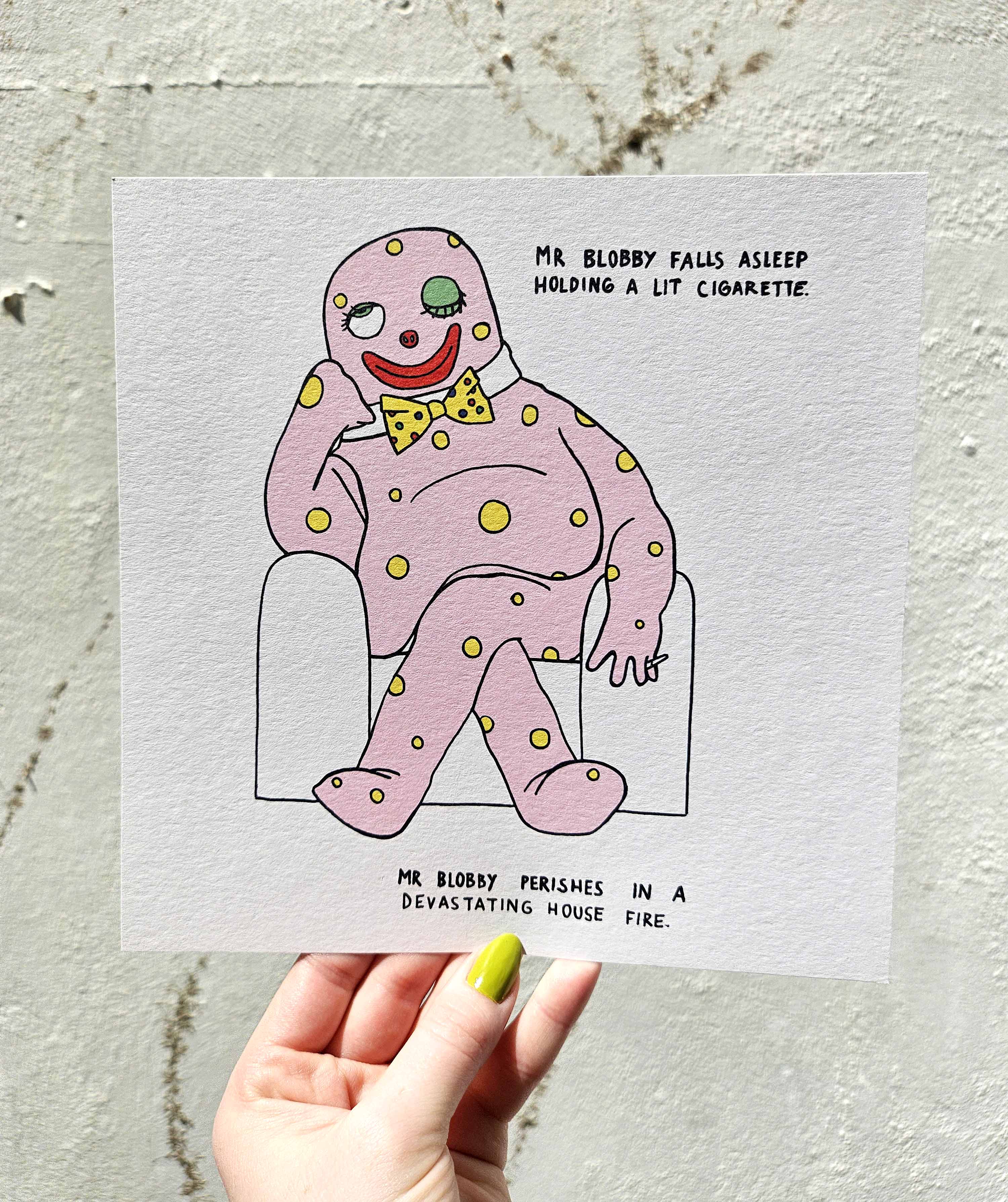 Illustrated Mr Blobby parody print by Louise Mcfarlane featuring a humorous comic-style drawing with dark surreal British humour and nostalgic pop culture references.