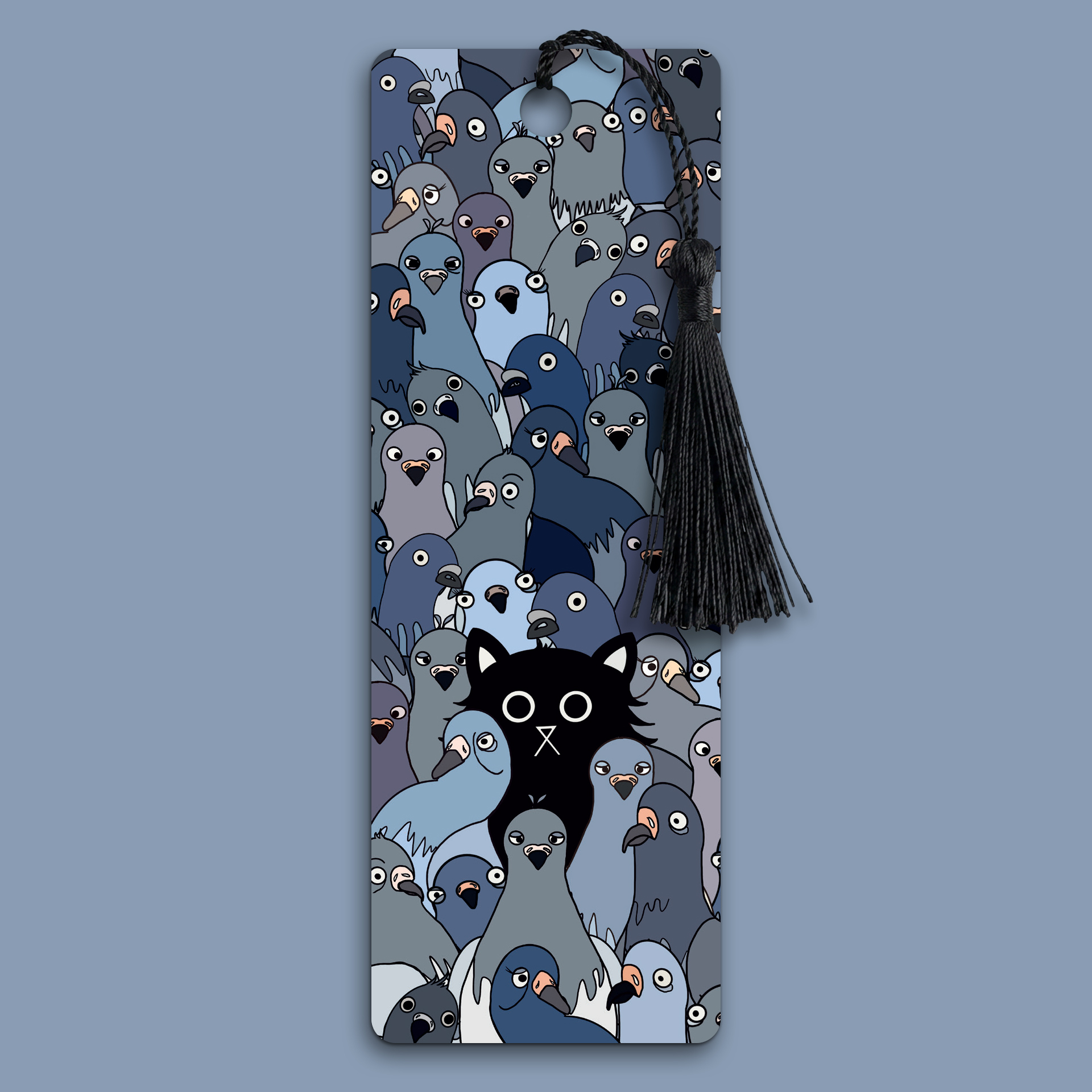 Illustrated bookmark showing a wide-eyed black cat surrounded by a dense crowd of expressive grey pigeons, each with its own distinct personality. Blue-grey background. Black tassel attached. Original artwork by Baldy and the Fidget.