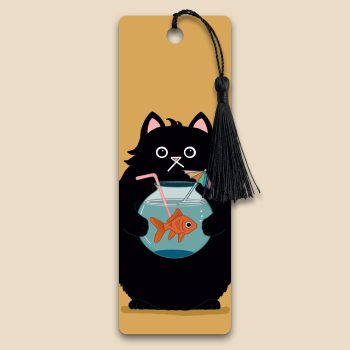 Illustrated bookmark showing a fluffy black cat with wide eyes clutching a fishbowl cocktail containing a goldfish and a tiny cocktail umbrella. Warm golden background. Black tassel attached. Original artwork by Baldy and the Fidget.