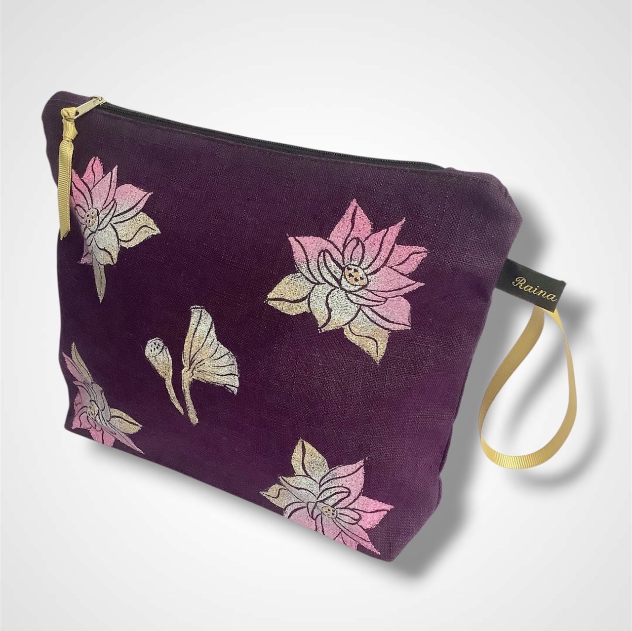 Purple Lotus Flowers Linen Makeup Bag