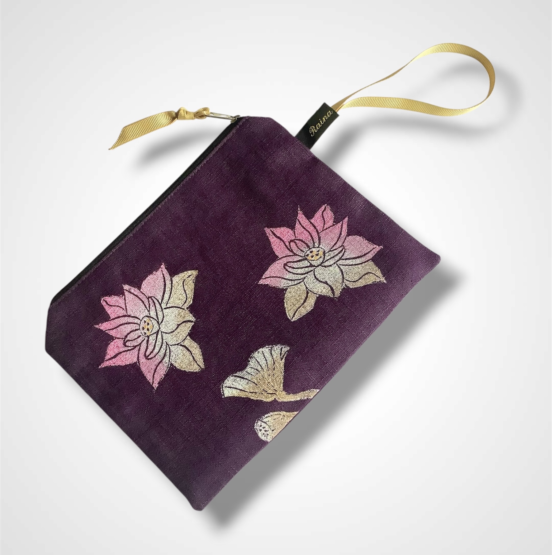 Purple Linen Lotus Flower Zip-Up Pouch