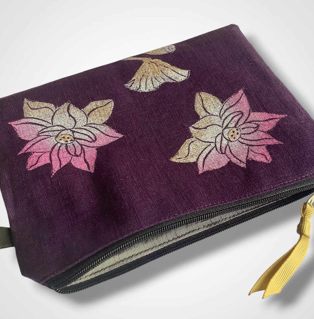 Purple Linen Lotus Flower Zip-Up Pouch