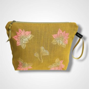Yellow Lotus Flowers Linen Makeup Bag