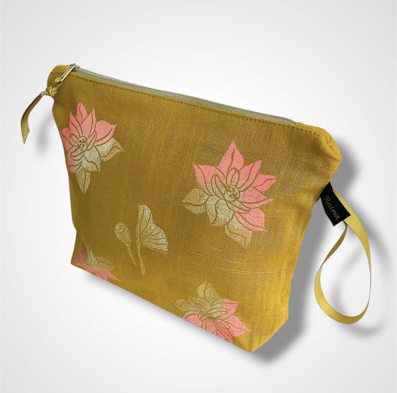 Yellow Lotus Flowers Linen Makeup Bag