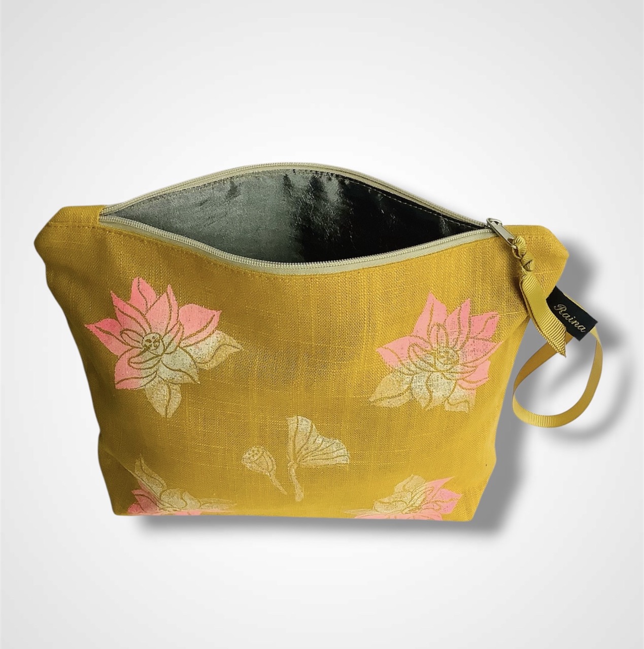 Yellow Lotus Flowers Linen Makeup Bag