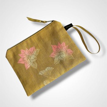 Yellow Linen Lotus Flower Zip-Up Pouch