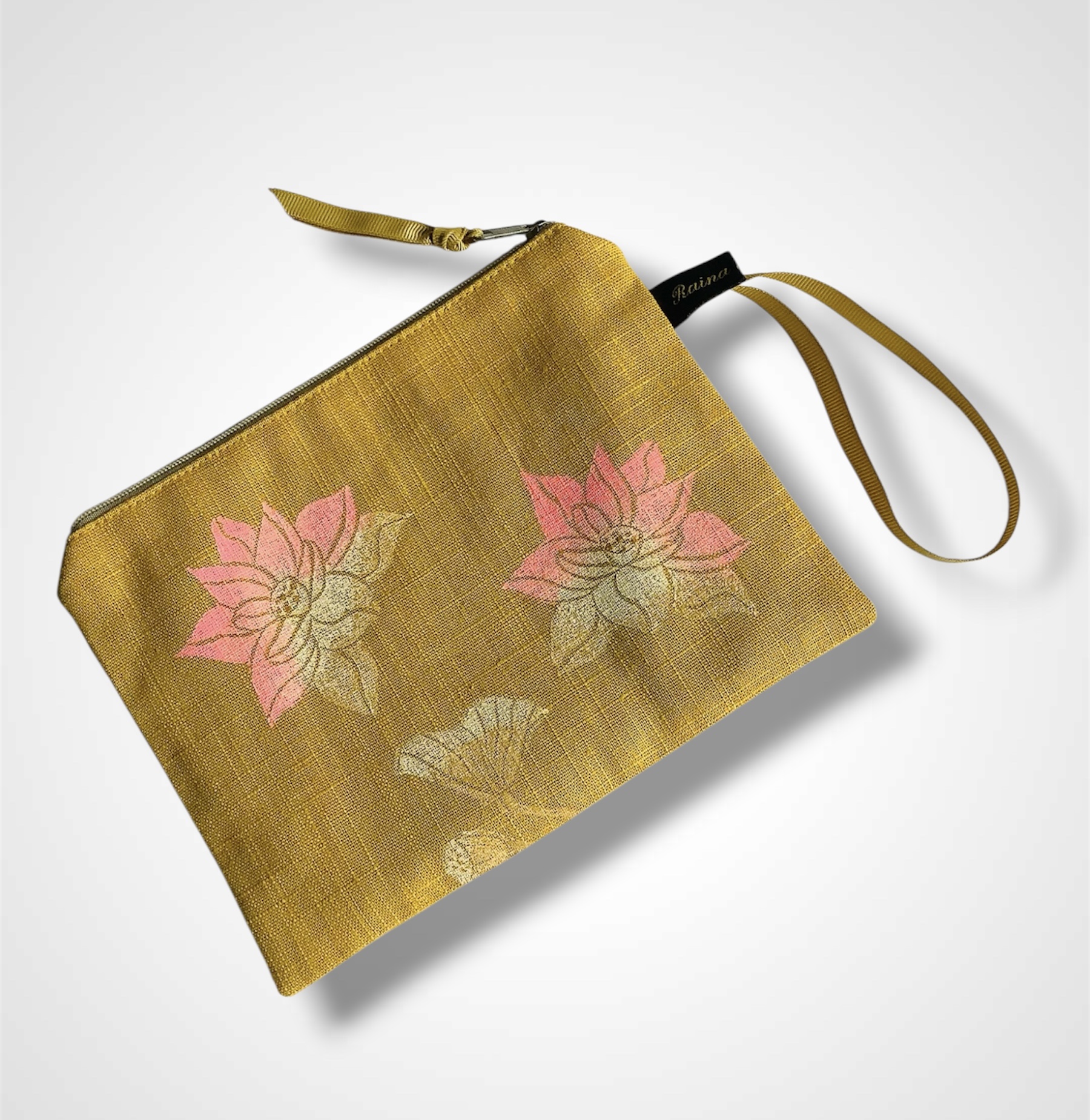 Yellow Linen Lotus Flower Zip-Up Pouch
