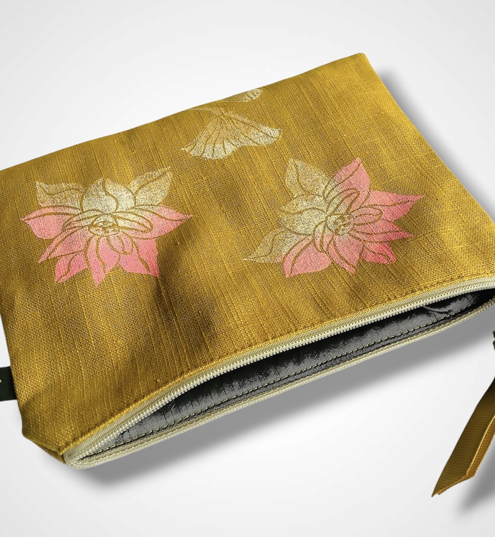 Yellow Linen Lotus Flower Zip-Up Pouch