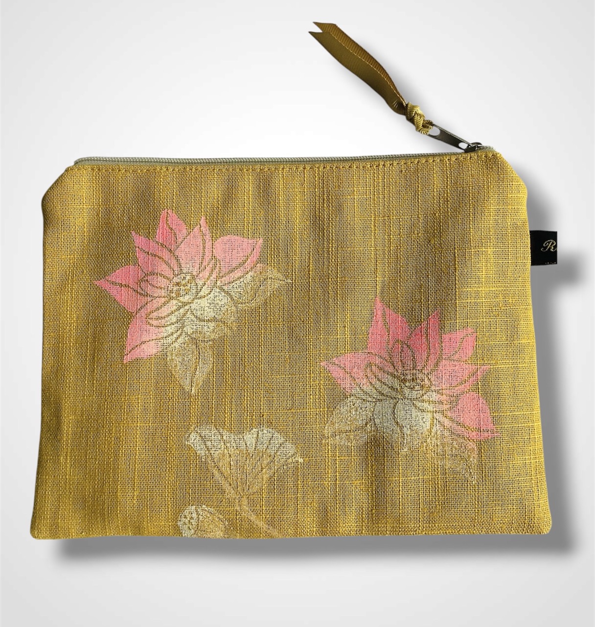 Yellow Linen Lotus Flower Zip-Up Pouch
