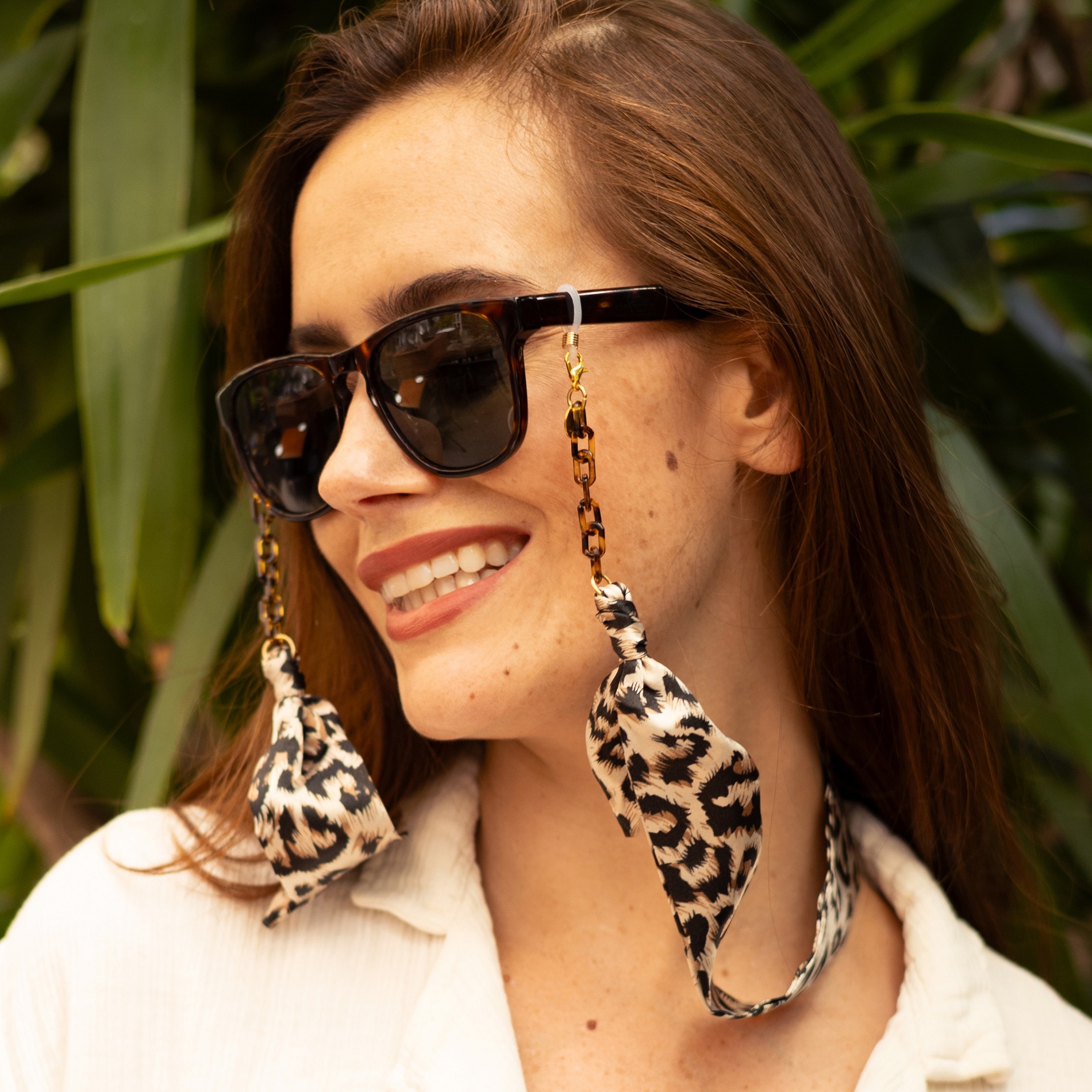 Cleo Leopard Print Fabric Tortoiseshell Glasses Chain