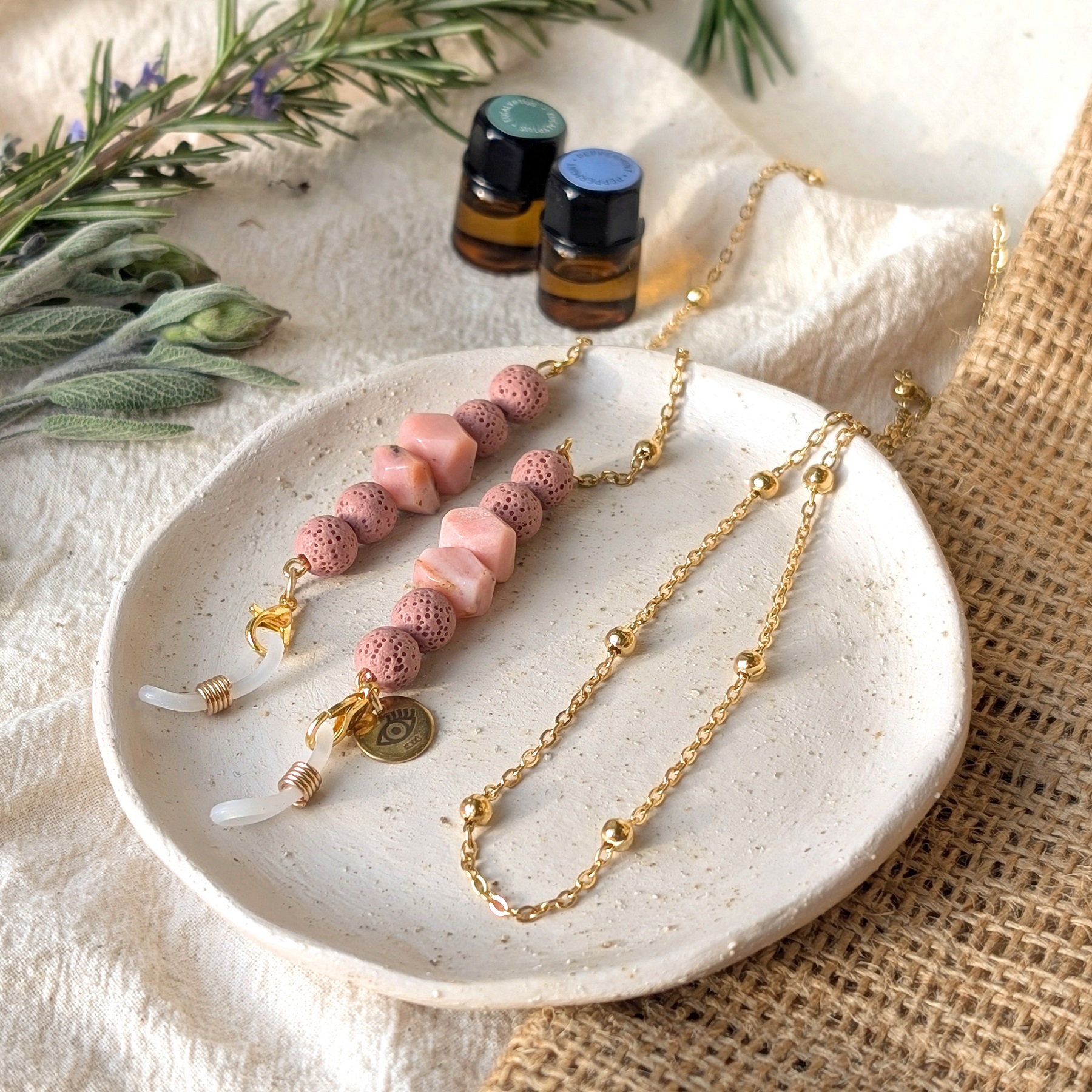 Halle Opal Pink Lava Bead Aromatherapy Glasses Chain