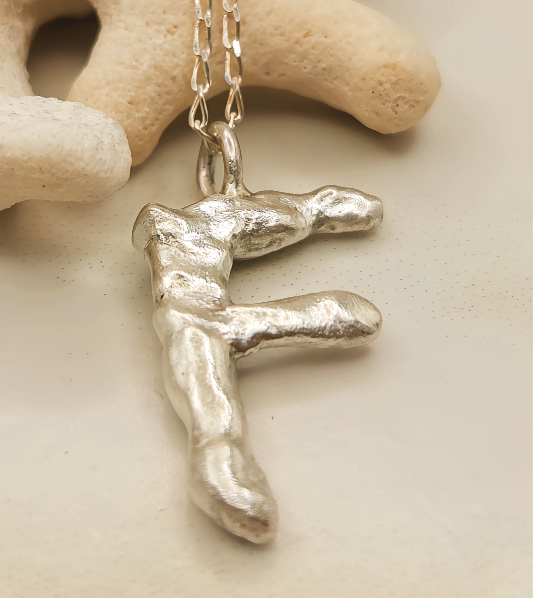 Molten Sterling Silver F Pendant Necklace