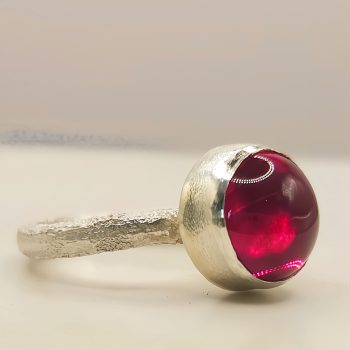Sterling Silver Ring – 10mm Synthetic Ruby Cabochon - Size J