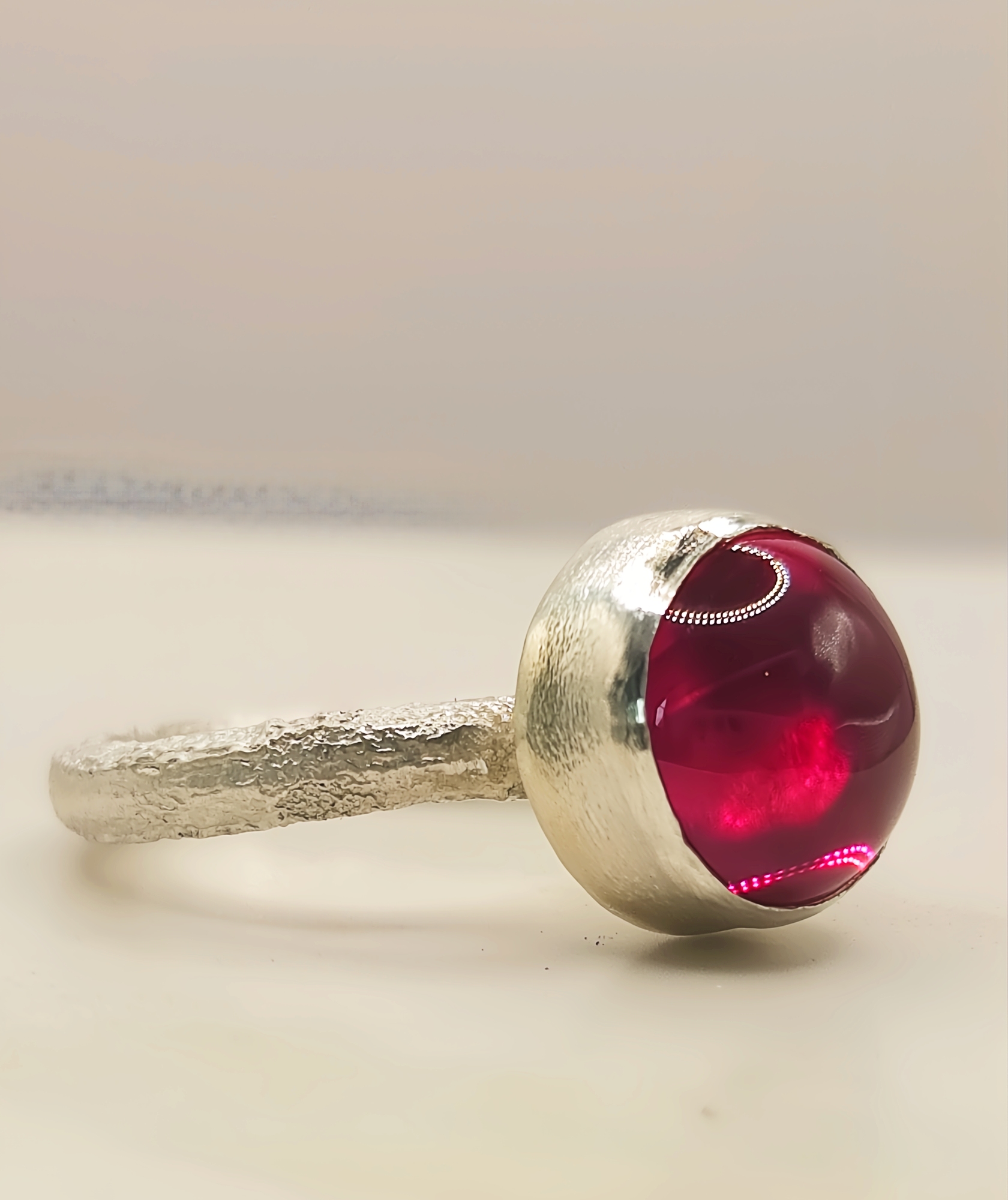 Sterling Silver Ring – 10mm Synthetic Ruby Cabochon - Size J