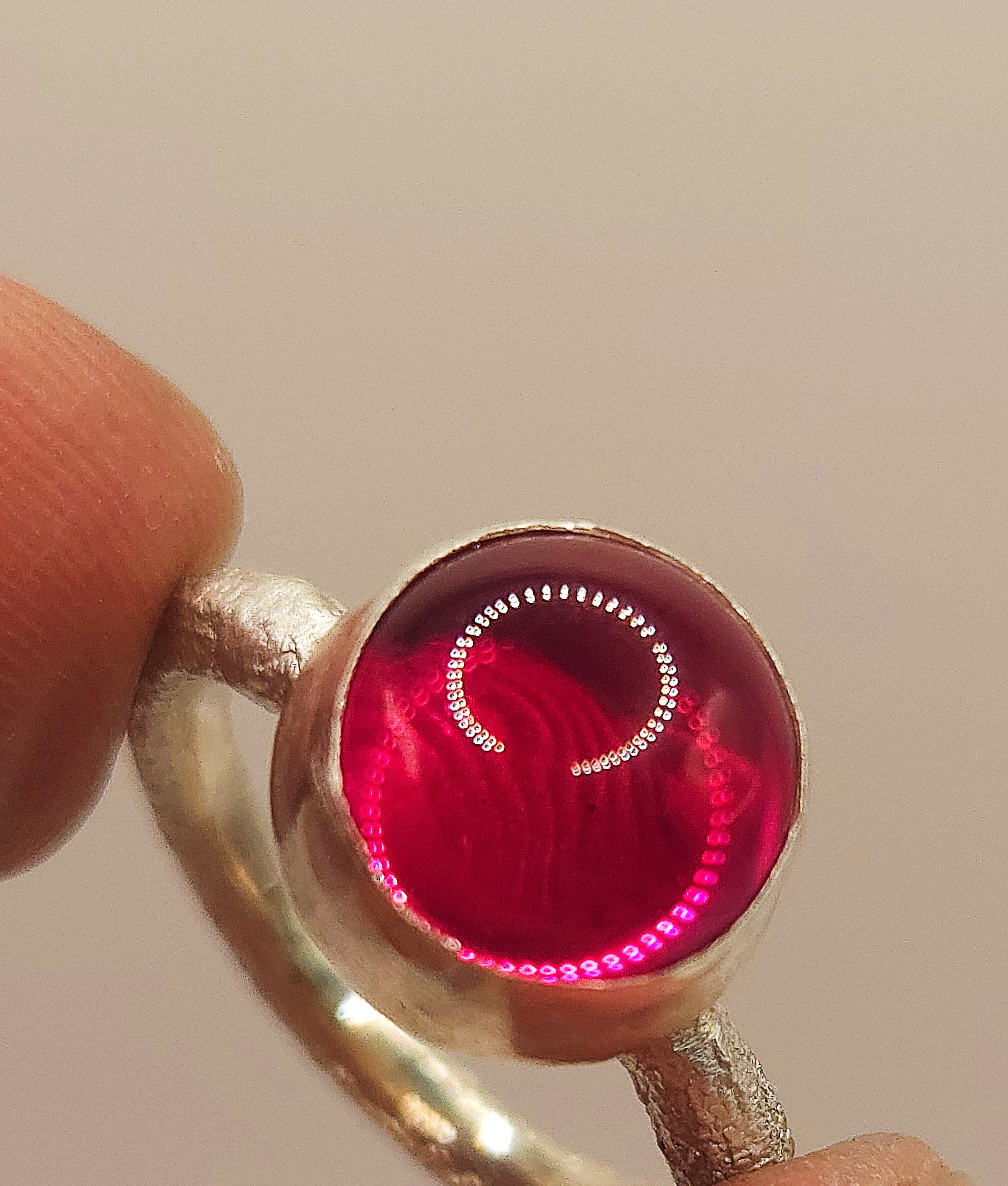 Sterling Silver Ring – 10mm Synthetic Ruby Cabochon - Size J