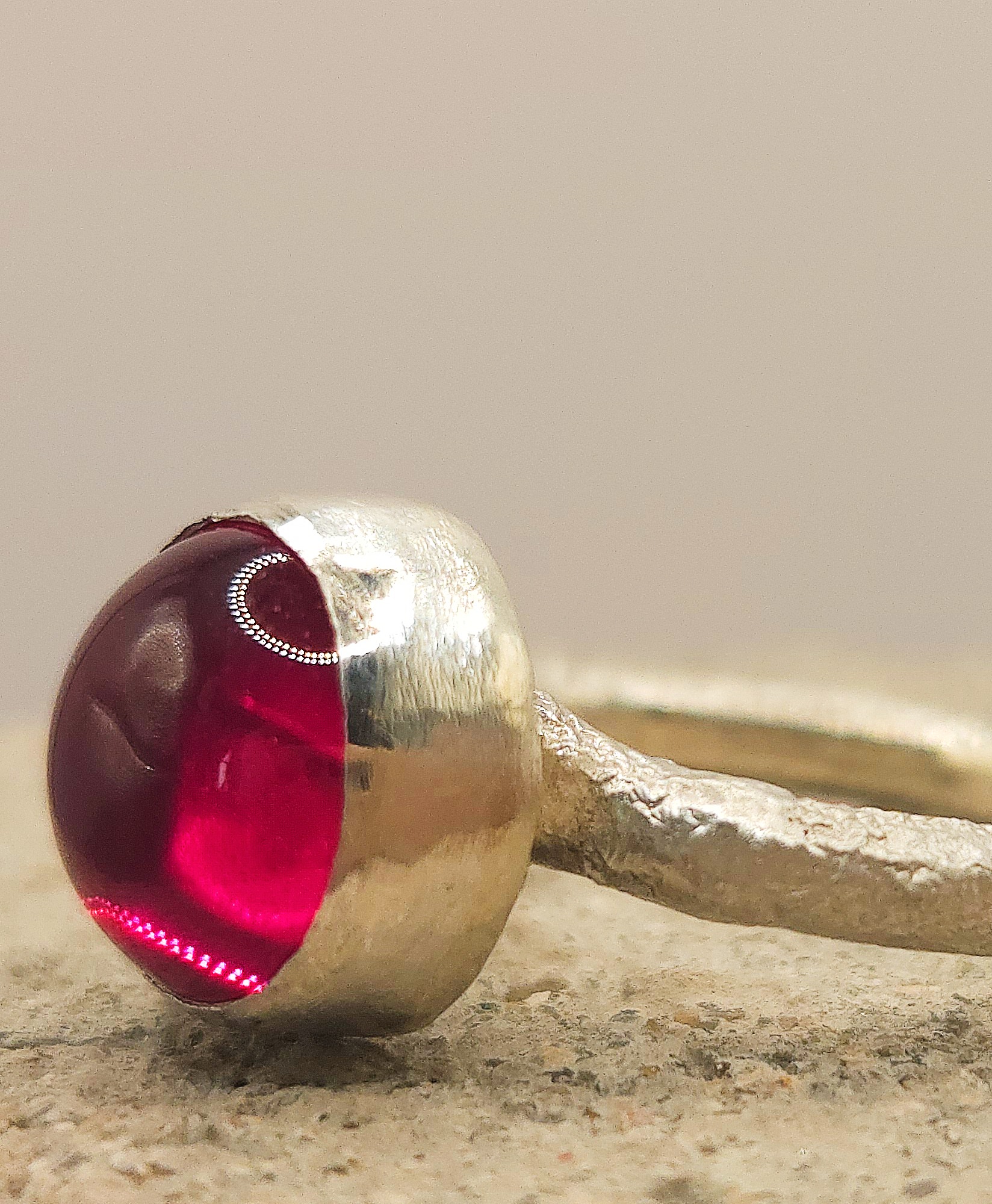 Sterling Silver Ring – 10mm Synthetic Ruby Cabochon - Size J