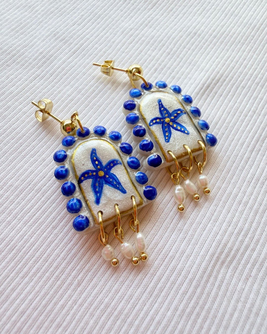 Blue Starfish Rice Pearl Statement Earrings