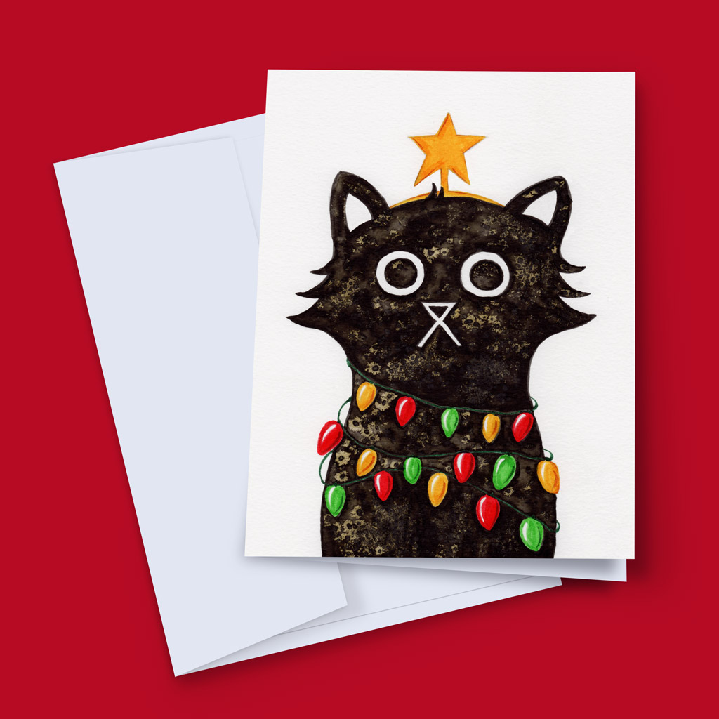 Illuminating Cat Christmas card featuring a hand-illustrated cat wrapped in twinkling fairy lights