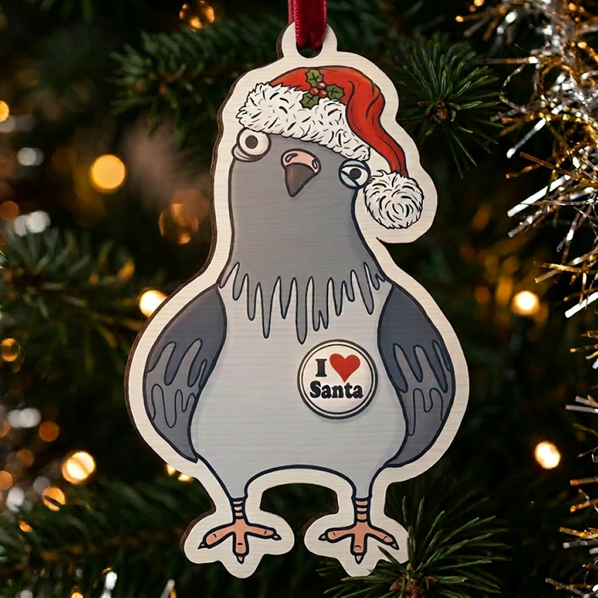 Grey pigeon wooden Christmas decoration wearing a Santa hat with an I Love Santa badge, hanging from a red ribbon